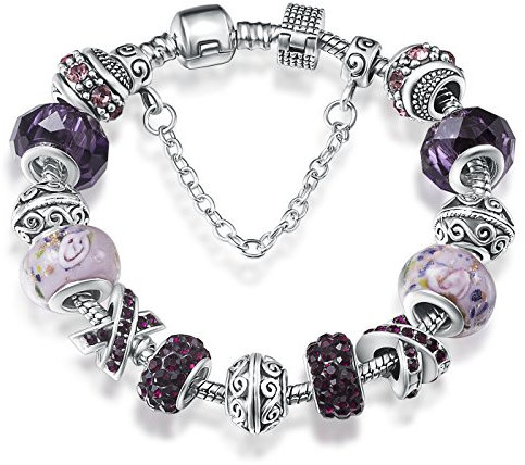 A TE® Bracciale Charm Viola Vetro Cristalli Catena Sicurezza Regalo #JW-B139