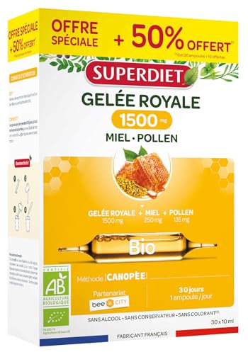 SUPERDIET-GELÉE ROYALE 1500MG BIO- Gelée royale, miel,pollen-Défenses immunitaires-Fabrication française-FORMAT PROMO -30 ampoules de 10ml