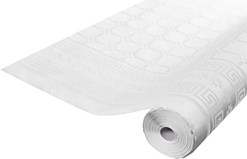 Pro Nappe - Réf R482501I - Nappe jetable papier damassé en rouleau de 25 M de long X 1,18 M de large - Papier damassé au motif universel chic et classique - 83 couverts - Couleur blanche