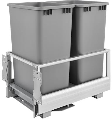 Rev-A-Shelf Double 50 Qt Pull Out Trash Can w/Soft-Close for Base Kitchen Cabinets, Min Opening Width of 15.75, Silver, 5149-2150DM-217