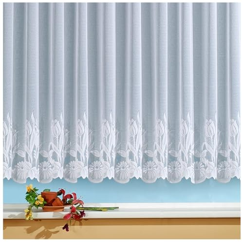 heimtexland ® Store Gardine Jacquard weiß transparent Kräuselband Vorhang mit Blumen Borte Gebogt Oekotex Typ69 Höhe 135cm x Breite 600cm