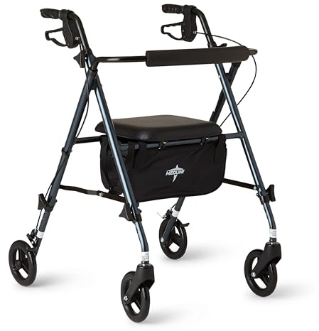Medline Superlight Folding Aluminum Mobility Rollator Walker, Smoky Blue, 250 lb. Weight Capacity, 6 Wheels, Adjustable Arms and Seat, Foldable Rolling Walker for Seniors