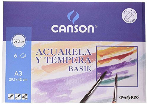 Canson Acuarela y Tempera Basik, Papel de acuarela, Grando ligero, 370gsm, Minipack, A3-29,7x42cm, Blanco natural, 6 hojas