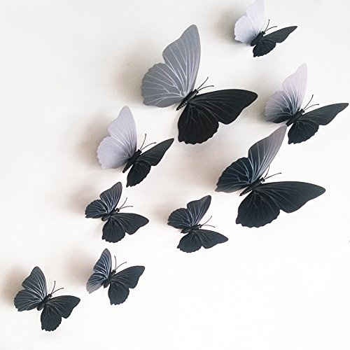 12 x 3D Schmetterling Wanddeko Tischdeko Aufkleber Wand Sticker Kühlschrank Magnet Hauptdeko abmehmbar, Schwarz