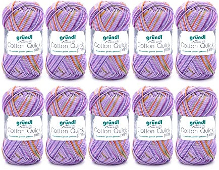 Gründl Wolle Cotton Quick print - dünne Wolle zum Häkeln mit Farbverlauf - Strickgarn - Glänzend und hautfreundlich - 100 % Baumwolle - 10 Knäuel 50 g / 125 m - Nadelstärke 3 - 4 - Lila-grün-orange