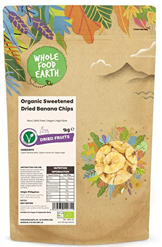 Wholefood Earth Organic Sweetened Dried Banana Chips – 1 kg | Raw | GMO Free | Vegan | High Fibre | Certified Organic