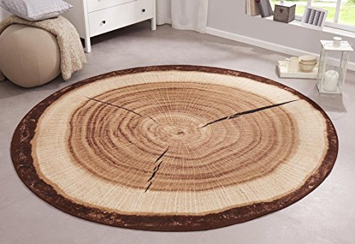 Hanse Home Bastia Special Design Teppich Rund - Modern Baumstamm Muster Holzoptik Baumstumpf Holz Wohnzimmerteppich für Esszimmer, Wohnzimmer, Flur, Schlafzimmer, Küche – Braun, ø100cm