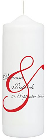 Weddix Hochzeitskerze Weiß mit & Zeichen in Rot als Verzierung - Personalisiert mit Namen des Brautpaars und Datum der Hochzeit, Traukerze mit Spruch