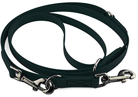 LENNIE Verstellbare BioThane Führleine, 13mm breit, 2,25m lang, Dunkelgrün, genäht, Doppelleine