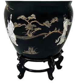 Oriental Plant Pot Fishbowl with Stand, Mother Of Pearl Planter Urn Chinese Furniture