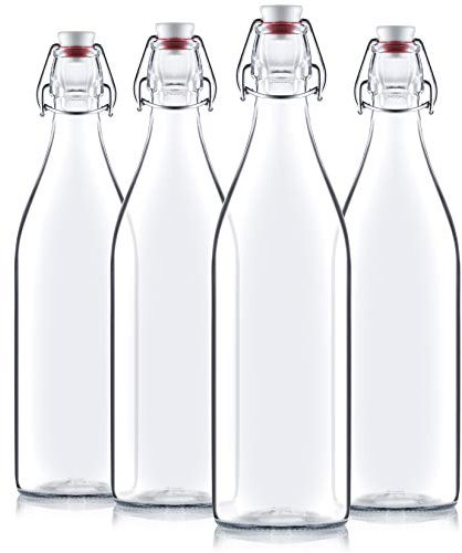 Bormioli Rocco Giara Swing Top Bottles 33 ¾ Ounce/1 Liter (4 Pack) ROUND Clear Glass Grolsch Flip Top Bottle With Stopper, for Beverages, Smoothies, Kefir, Beer, Soda, Juicing, Kombucha, Water, Milk, Oil and Vinegar, set of 4