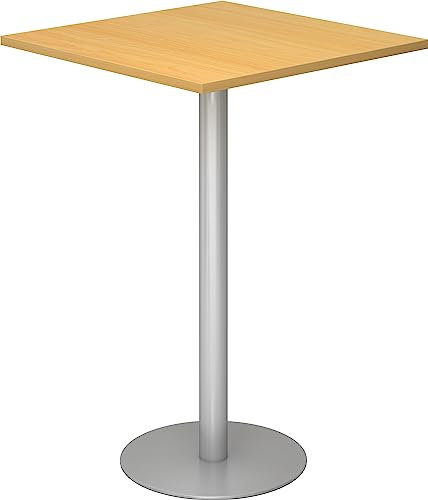 bümö Stehtisch Büro, Bistrotisch eckig 80 x 80 cm - Bartisch Buche, Stehtisch Holz-Platte, Säule aus Metall in Silber, Buffettisch, Säulentisch, Partytisch, Thekentisch, Hochtisch, Barmöbel