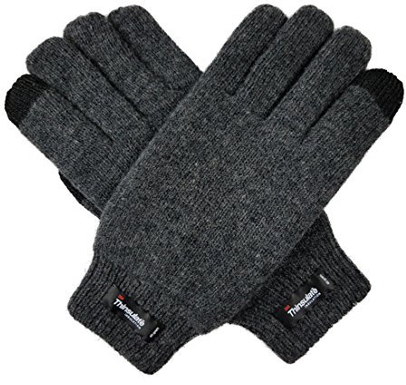 BRUCERIVER Herren Rein Wolle Strickhandschuhe mit Thinsulate Futter und Elastisch Rippe Strickstulpe Anthra Touchscreen S/M