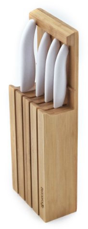 Kyocera Lot de 4 couteaux en céramique avec bloc de rangement et planche à découper Manche Blanc