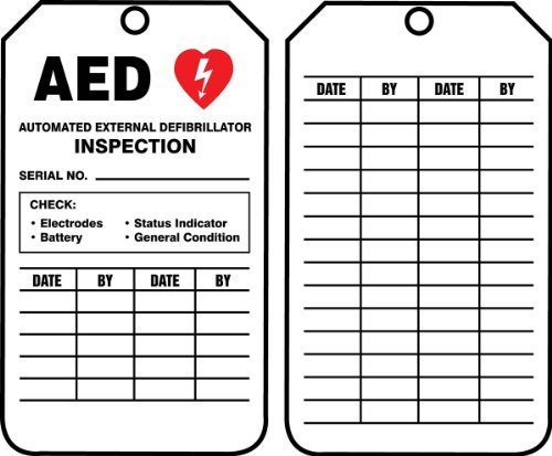 accuform Schilder trs345ctp Inspektion Tag, LegendAED Automatiesierter Externer Defibrillator Inspektion, 14,6 cm Länge x 8,3 cm Breite x 0 cm Stärke, pf-cardstock, rot/schwarz auf weiß (25 Stück)