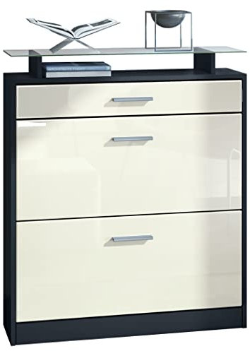 Vladon Schuhschrank Loret, Schuhkipper für 16 Paar Schuhe mit 2 Klappen und 1 Schublade und Glasablage, Schwarz matt/Creme Hochglanz (89 x 104 x 23 cm)