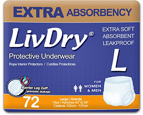 LivDry Adult Incontinence Underwear, Extra Absorbency Adult Diapers, Leak Protection, Large, 72-Pack