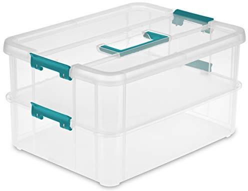 Sterilite 1427CLR Stack & Carry - 2 Layer Box, Clear Lid & Blue Handle, See-through layers