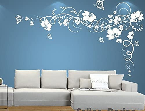 Wall Decal wall stickers living room Bedroom Children KITCHEN 30 colors for selection vine flower Butterfly butterfl wpf27(042 lilac, size3:ca.190x115cm)