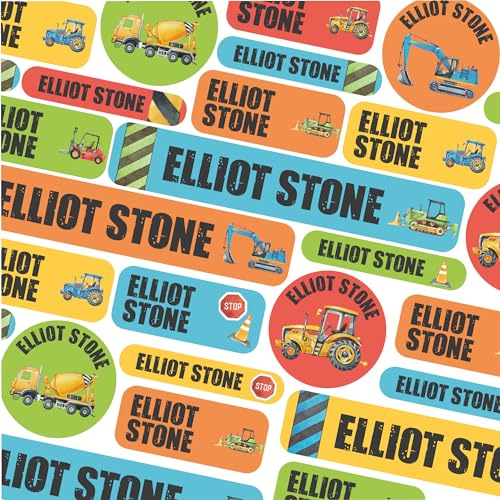 123 Name Labels for Kids No Iron Name Tags for Clothes Name Stickers for Water Bottles, School Uniform, School, Nursery, Care Homes, Washable and Dishwasher Safe for Children (Construction)