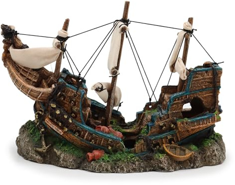 Amtra Deko Relitto su Rocce - Decorazione in Resina atossica per Acquari, Accessorio Ornamentale subacqueo, Decorativo rifugio nascondiglio, Dipinto a Mano, Dimensione 20,5 * 12 * 27 cm
