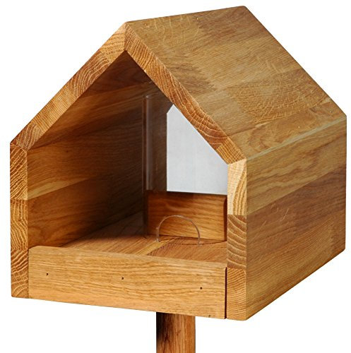 LUXUS-VOGELHAUS 46601e Vogelfutterhaus Bauhaus III - Futterhaus aus Massivholz - Futterstation inklusive Ständer - Wildvogelfutterplatz Eiche - 20,5 x 28 x 179 cm - Natur