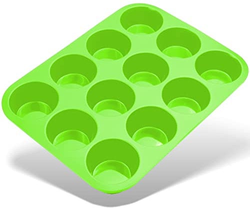Belmalia Molde para Magdalenas, Silicona, 33 x 25 x 3 cm, 12 Panecillos, Recubrimiento Antiadherente, Cupcake Brownie Budín Latta de Mollete Muffin Bandeja para Hornear Panecillos Verde