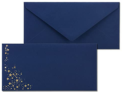 25x Briefumschläge mit Metallic Sternen - DIN Lang - Gold geprägter Sternenregen - Farbe: dunkelblau, Nassklebung, 120 g/m² - 110 x 220 mm - ideal für Weihnachten