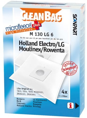 Cleanbag M 130 LG 6 Universal Bolsa para el polvo - Accesorio para aspiradora (Universal, Bolsa para el polvo, Blanco, Vellón, TB33, TB34, TB39,MT000101, ZR004101, ZR003902, Bomann, Bork, Clatronic, Holland Electro, LG Electronics, Moulinex, Rowenta, Privileg)