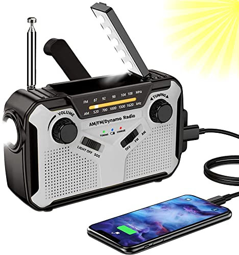 Solar Radio, AM/FM Tragbar Kurbelradio Dynamo Notfallradio mit 4000mAh Wiederaufladbare Batterie, Led Taschenlampe, SOS-Alarm für Camping, Ourdoor, Notfall (Grey)