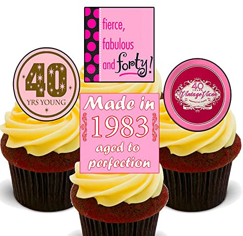 40th Birthday Female Funny, Edible Cupcake Toppers - Stand-up Wafer Cake Decorations (Pack of 12)