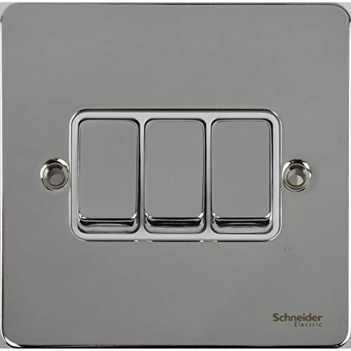 Schneider Electric GU1232WPC Ultimate Flat Plate, Single Pole, Polished Chrome with White Insert, 16 AX, 3 Gang Rocker, 2 Way Light Switch