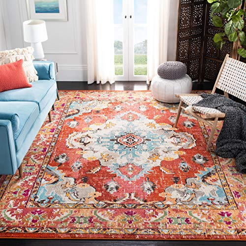 SAFAVIEH Boho Teppich für Wohnzimmer, Esszimmer, Schlafzimmer - Monaco Collection, Kurzer Flor, Orange und Hellblau, 66 X 122 cm