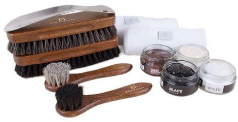 FootFitter Shoe Shine Valet Kit complet d'entretien des chaussures avec brosses en crin de cheval, crèmes pour chaussures, chausse-pied et chiffons de brillance, Noir, marron, neutre, blanc, Set
