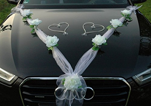 Organza M + Herzen Auto Schmuck Braut Paar Rose Deko Dekoration Autoschmuck Hochzeit Car Auto Wedding Deko Ratan (Weiß/Weiß/Weiß)