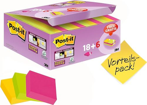 Post-It Super Sticky Notes, Verschiedene Farben, 47.6 mm x 47.6 mm, 18 Blöcke + 6 GRATIS, 90 Blatt pro Block - Selbstklebende Notizzettel für Notizen, To-Do-Listen und Erinnerungen