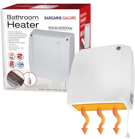 2kw Downflow Bathroom Fan Heater - Indoor 2000w Electric Down Flow Heat | Wall Mounted, Thermostat, Energy-Saving | For Kitchen, Office, Bathroom, Commercial, Garage - Pull Cord, Over Heat Protection