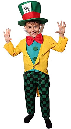 Kids Crazy Tea Party Host Costume - Medium - Yellow Jacket, Checkered Trousers and Large Top Hat - Boys Girls Wonderland World Book Day Book Week Fancy Dress Costume