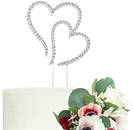 LOVENJOY Double Hearts One Love Wedding Cake Toppers Silver Diamante Heart Cake Decorations, Gift Boxed