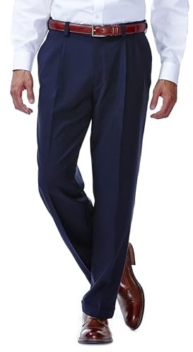 Haggar Men's E-Clo Repreve Classic Fit Pleat Front Dress Pant with Hidden Expandable Waistband Navy 34W x 29L