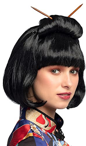 Boland 86417 - Perücke Chinesin für Erwachsene, schwarzes Kunsthaar mit Stäbchen, Frisur für Faschingskostüme, Karneval und Mottoparty