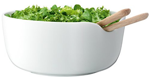 LSA International Dine Bowl & Oak Servers 24cm| 1 Unit | Handmade Porcelain | Hand Planed Wood | DI45, White