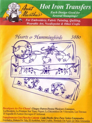 Hearts & Hummingbirds Aunt Martha's Hot Iron Embroidery Transfer by Aunt Martha's