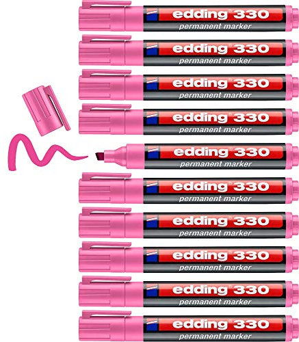 edding Pennarello permanente 330 - rosa - 10 penne - punta a scalpello 1-5 mm - penne impermeabili ad asciugatura rapida - per cartone, plastica, vetro, legno, metallo e tessuto