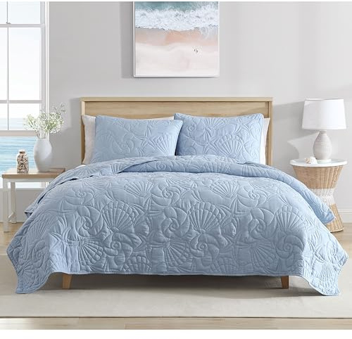 Caribbean Joe Full/Queen Outlined Shell 3-Piece Quilt Set, Blue