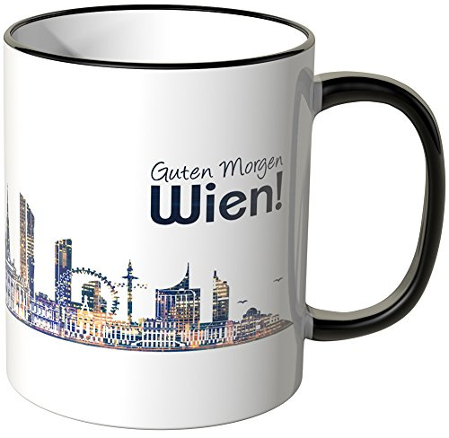 WANDKINGS® Tasse, Schriftzug Guten Morgen Wien! mit Skyline bei Nacht - SCHWARZ