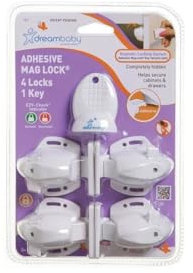 Dreambaby Bloque Placard/Bloque tiroir magnétiques adhésif, 4 serrures et 1 clé, blanc
