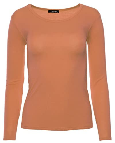 Easy Young Fashion - Damen Basic Rundhals Shirt - Langarm Unterziehshirt - Skinny Fit 1093 - Papaya L
