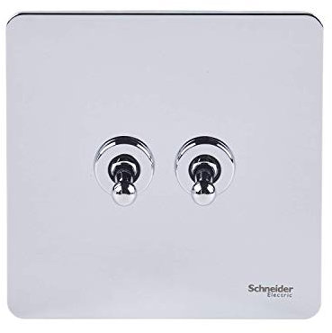 Schneider Electric Ultimate Screwless Flat Plate - Double Toggle 2 Way Light Switch, Single Pole, 16AX, GU1422TPC, Polished Chrome