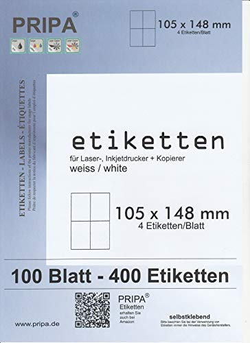 pripa Etikettenformat 105 x 148 mm, 100 Blatt DIN A4 selbstklebende Etiketten. 4 Etiketten pro Bogen (100)